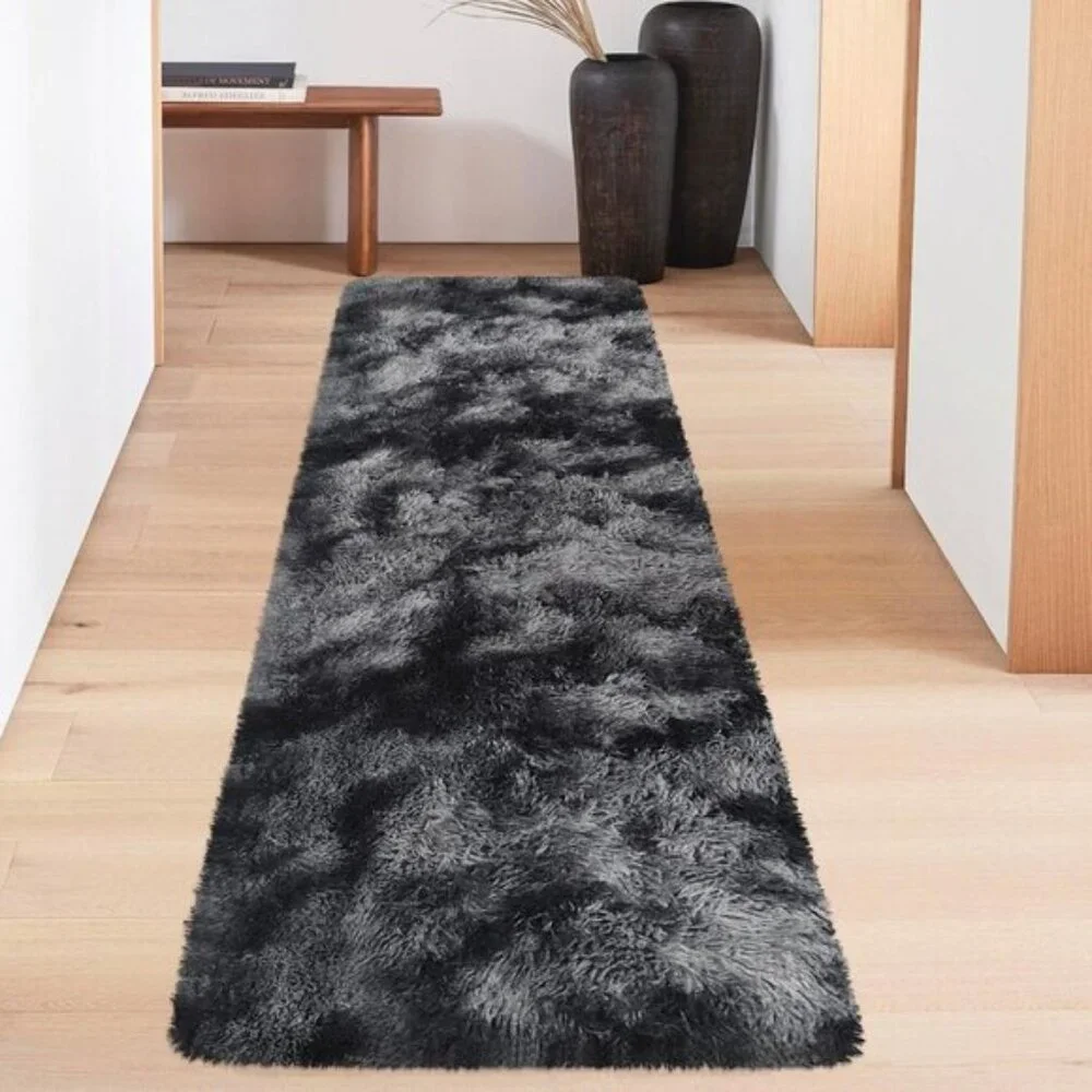 New 2x6 Black Grey Tie-Dye Runner Rug, Fluffy Carpet for Bedroom & Kids’ Room